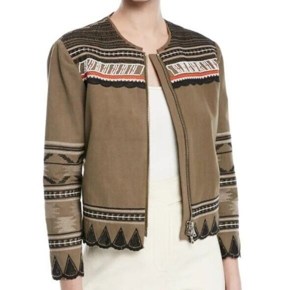 Veronica Beard Mirasol Zip Jacket Womens Size 4 Olive Tribal Beading Embroidery - Picture 1 of 10